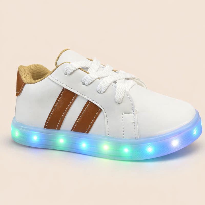 Tenis Sapato de Menino Luz Led Infantil Masculino Branco Marrom Listra