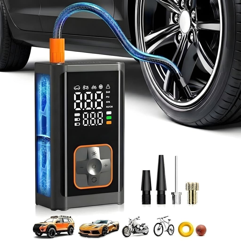 Bomba De Ar Portátil Digital Mini Com Lanterna LED Encher Pneu Carro Bike Moto 50PSI 2000mah x2