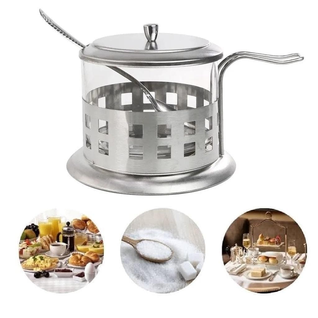 Açucareiro Inox e Vidro Prata – Kit Completo Luxo com Colher, Tampa Removível e Alça para Chá e Café