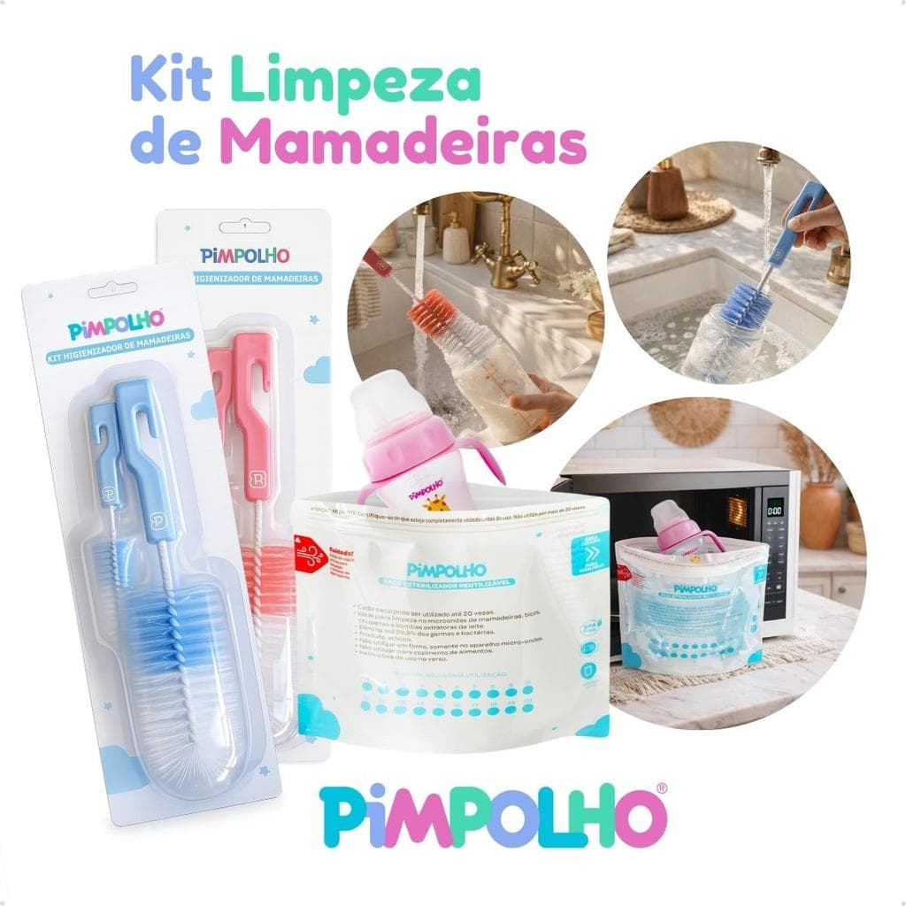 Kit Escova lavador mamadeira + saco Esterilizador micro-ondas pimpolho