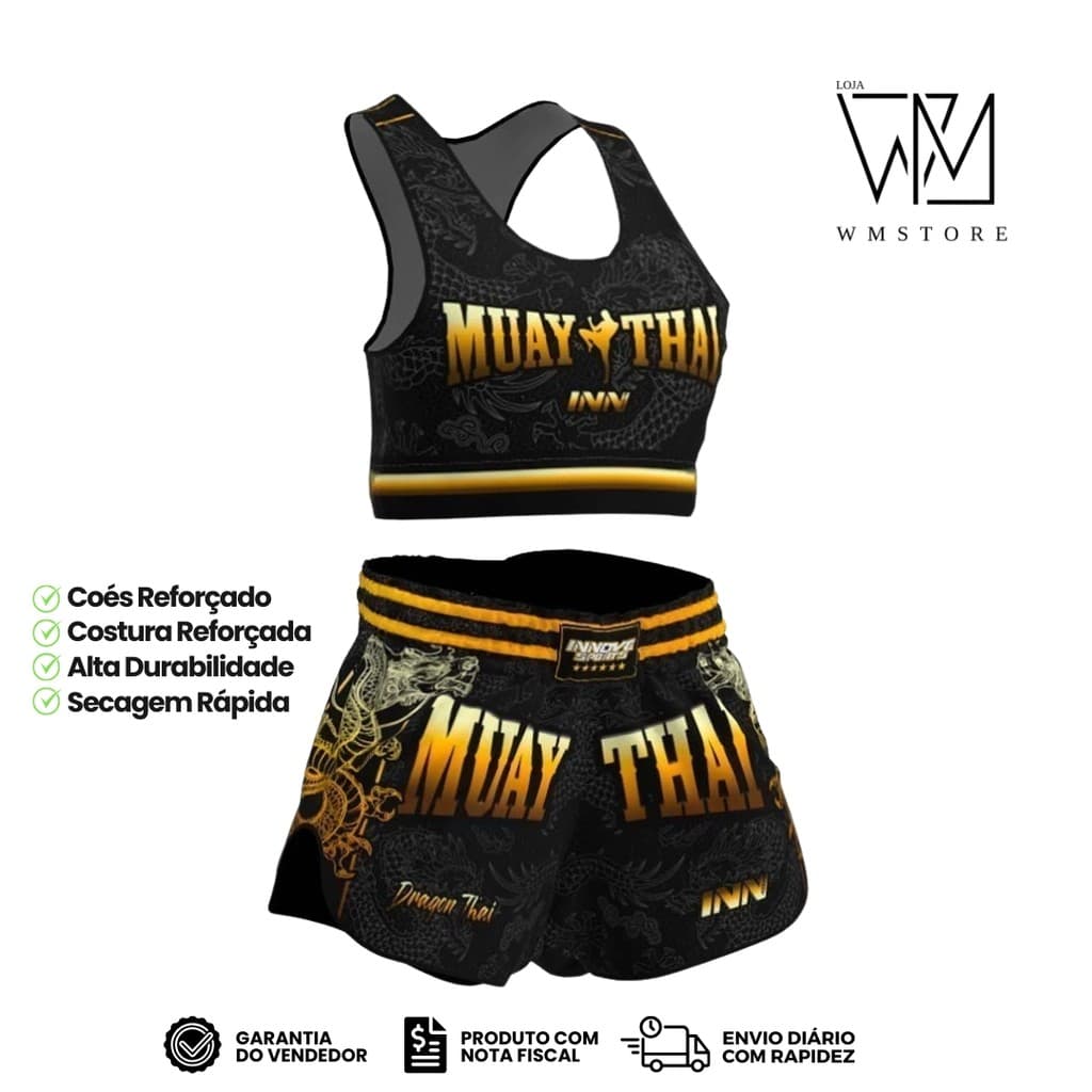 Conjunto Top e Short Muay Thai Feminino Dragon Thai Dourado