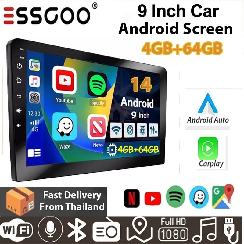ESSGOO Bluetooth Carro MP5 Player 9 2 Din 4 + 64GB Android Tela De Imagem Invertida Toque Sem Fio Carplay E Multimídia