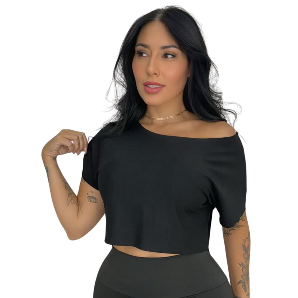 Cropped Feminino Manga Curta Soltinho em Viscose Academia Fitness