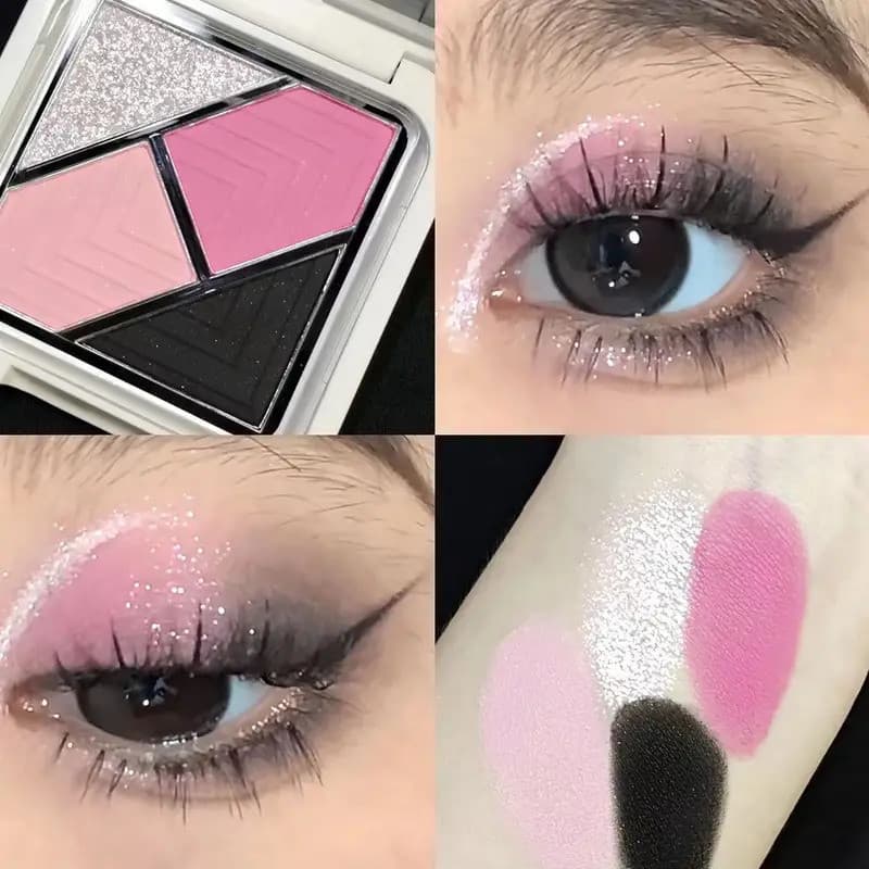 Paleta de Sombras para Olhos Azul com 4 Cores, Matte e Brilhante, Sombra Verde, Rosa, Preta, Pigmentos de Sombra, Paleta