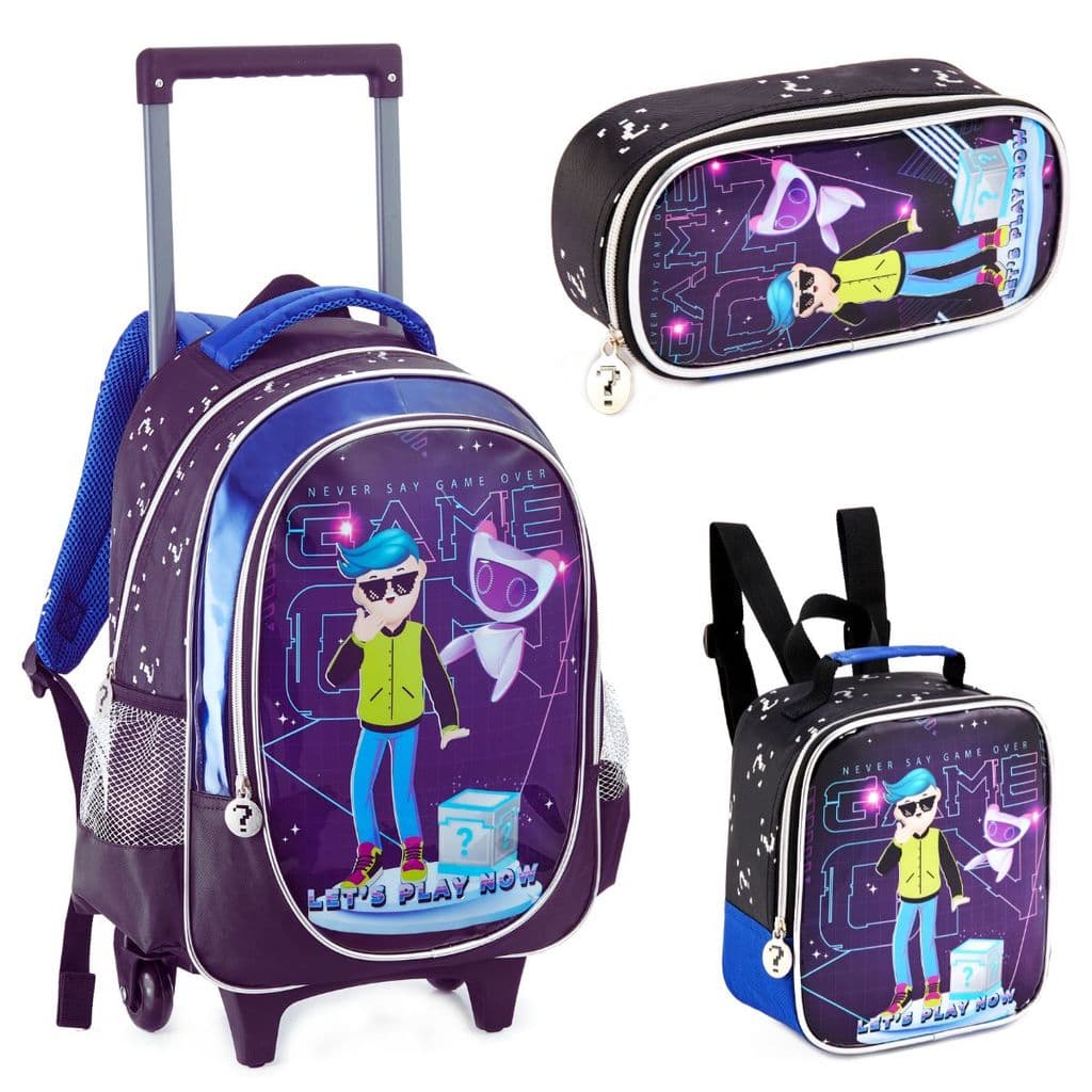 Kit Mochila Rodinha Lancheira Estojo Infantil Menino Game Play Denlex