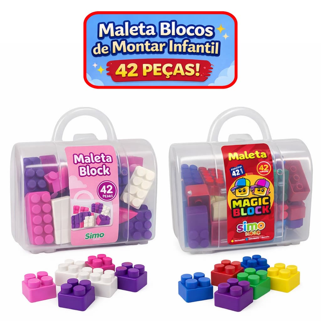Maleta + 42 Blocos de Montar Infantil Peças Educativas Tamanho Ideal
