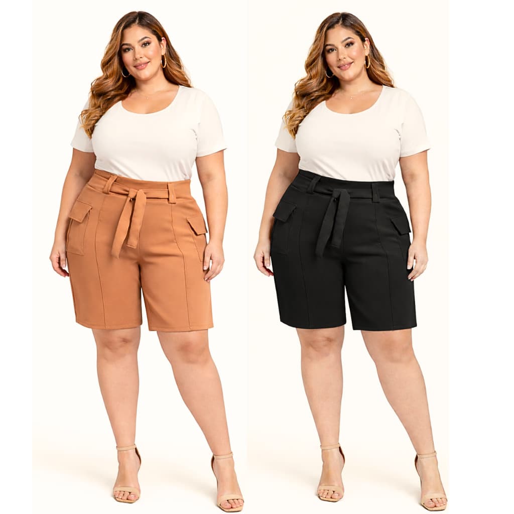 Kit 2 Short Alfaiataria Feminino Plus Size Premium Elegante Social com Laço na Frente - SP 01