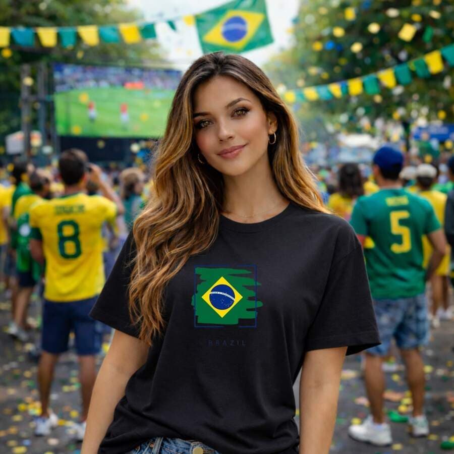 Camiseta Feminina 100% Algodão Estampada Brazil Quadro Geométrico Jogos Futebol Copa do Mundo Torcida