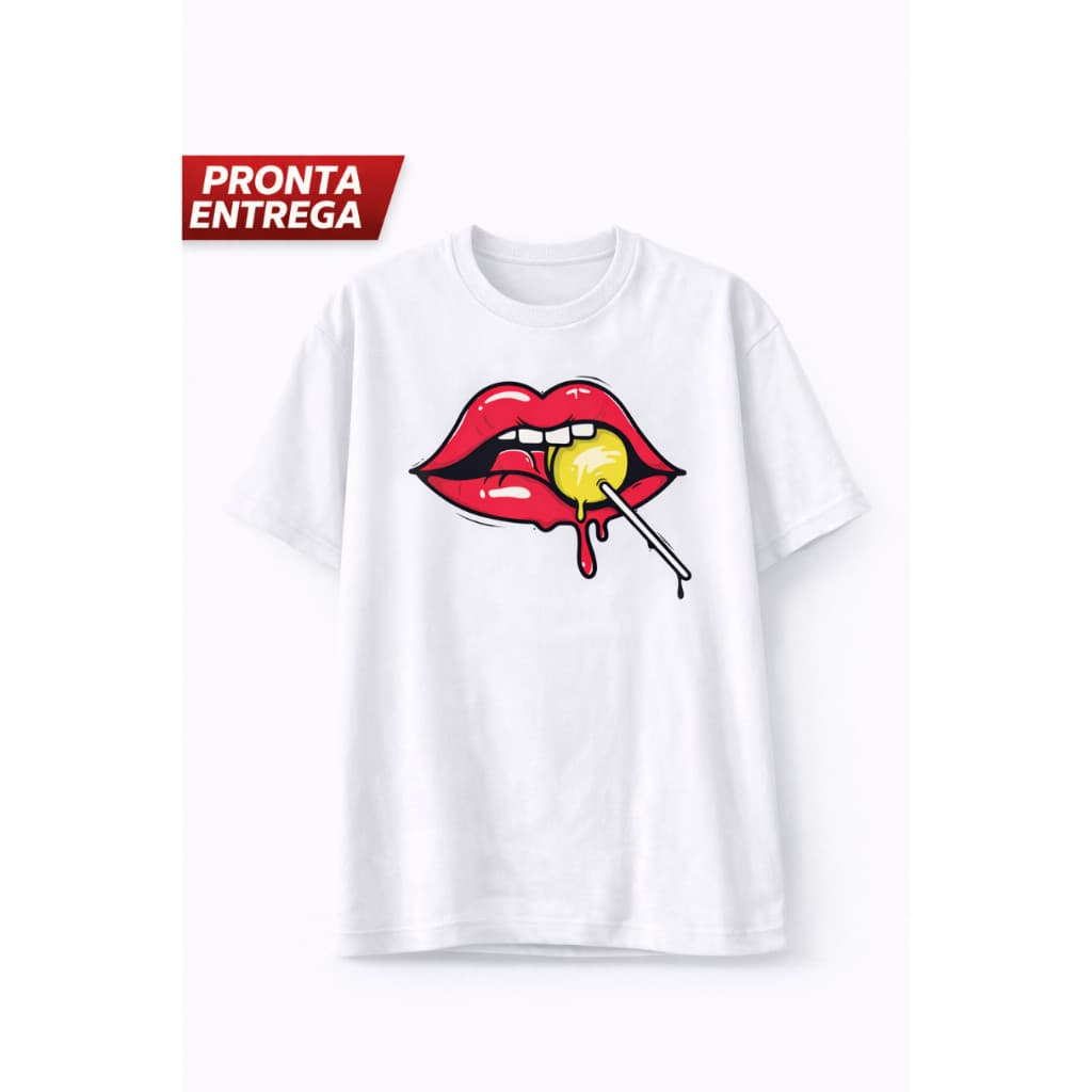Camiseta Feminina Estampada Boca com Pirulito 100% Algodão Premium