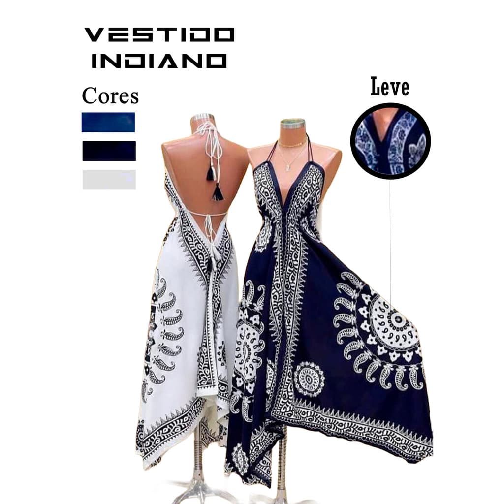 Vestido Longo Indiano Costa Nua Estampado Decote V Corte Reto Amarrar e Ajustável