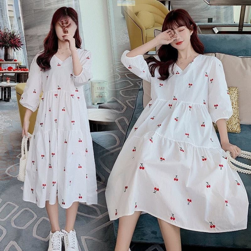 Vestido Midi com Estampa de Frutas, Decote em V e Mangas Curtas para Mulheres