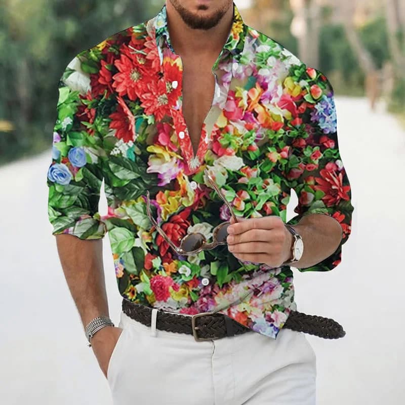 Camisa casual masculina de manga longa com estampa floral havaiana para o verão, camisa com gola e estampa 3D, camisa de