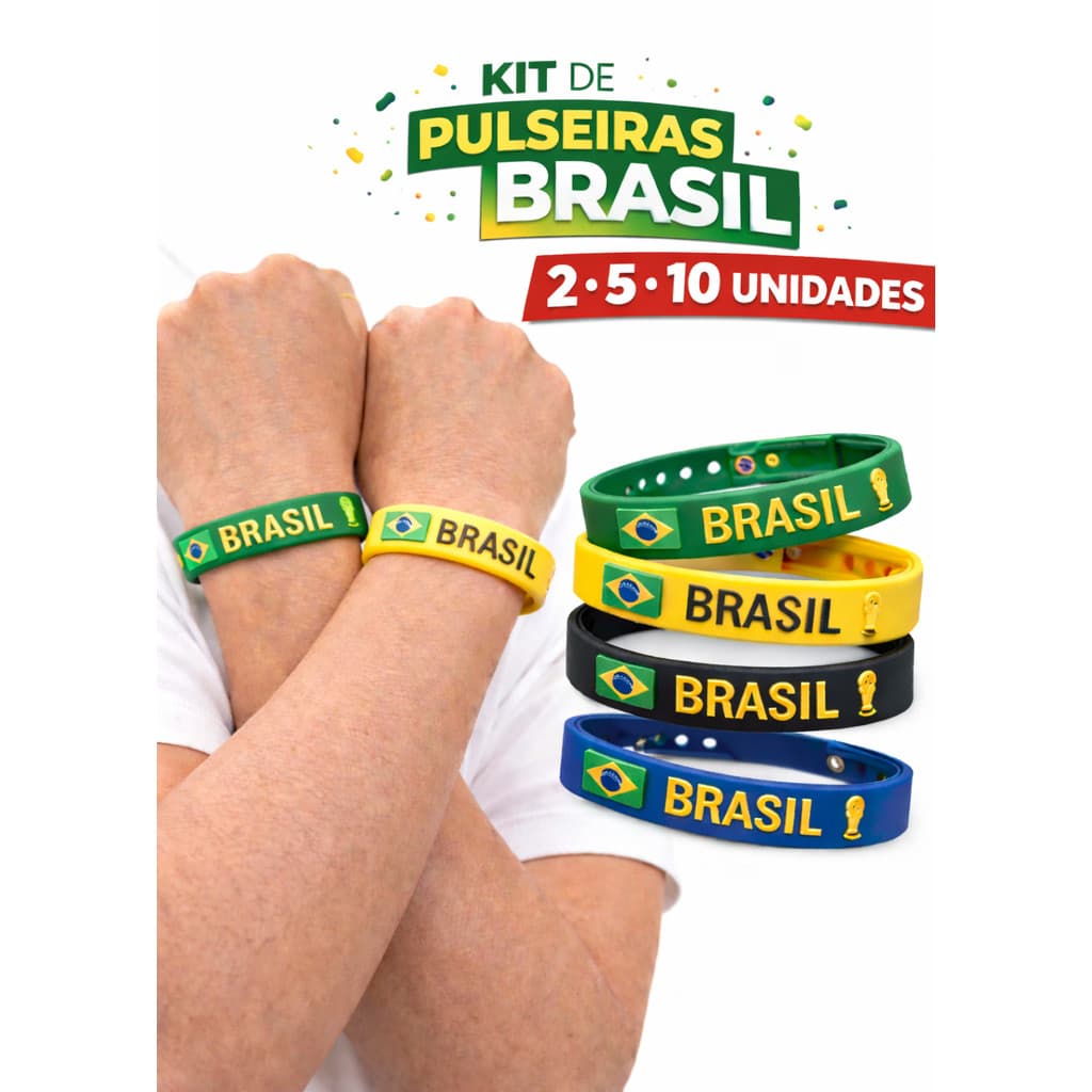 Kit Pulseiras Silicone Brasil Copa do Mundo Unissex Estilosa e Ajustável ao Pulso Torcedor Eleição