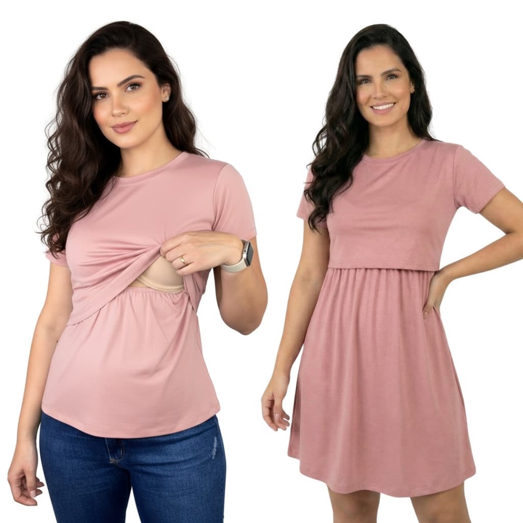 Kit Blusa + Vestido Amamentação Gestante Maternidade Abertura Frontal Roupa Pós Parto Confortável