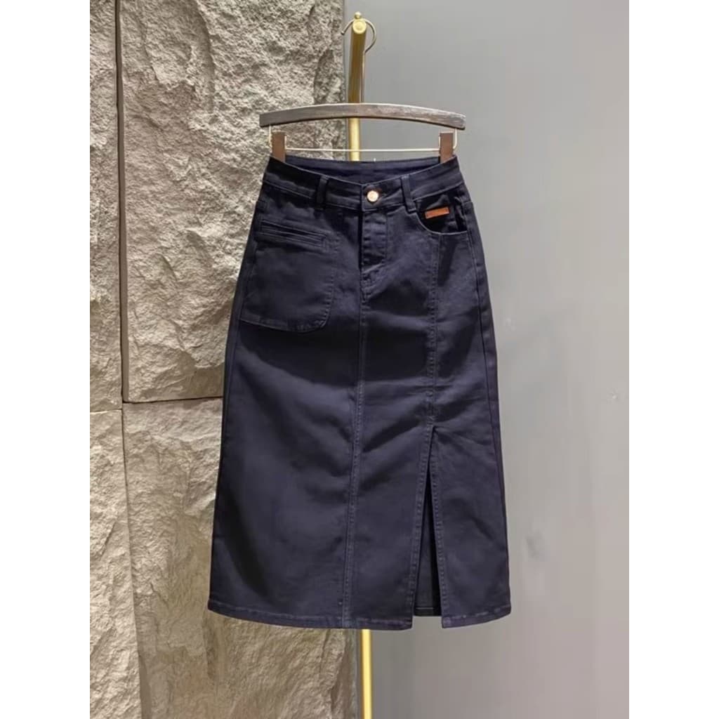 Saia jeans preta feminina 2025 primavera novo estilo cintura alta mais magro olhar fenda lateral estilo americano ferram