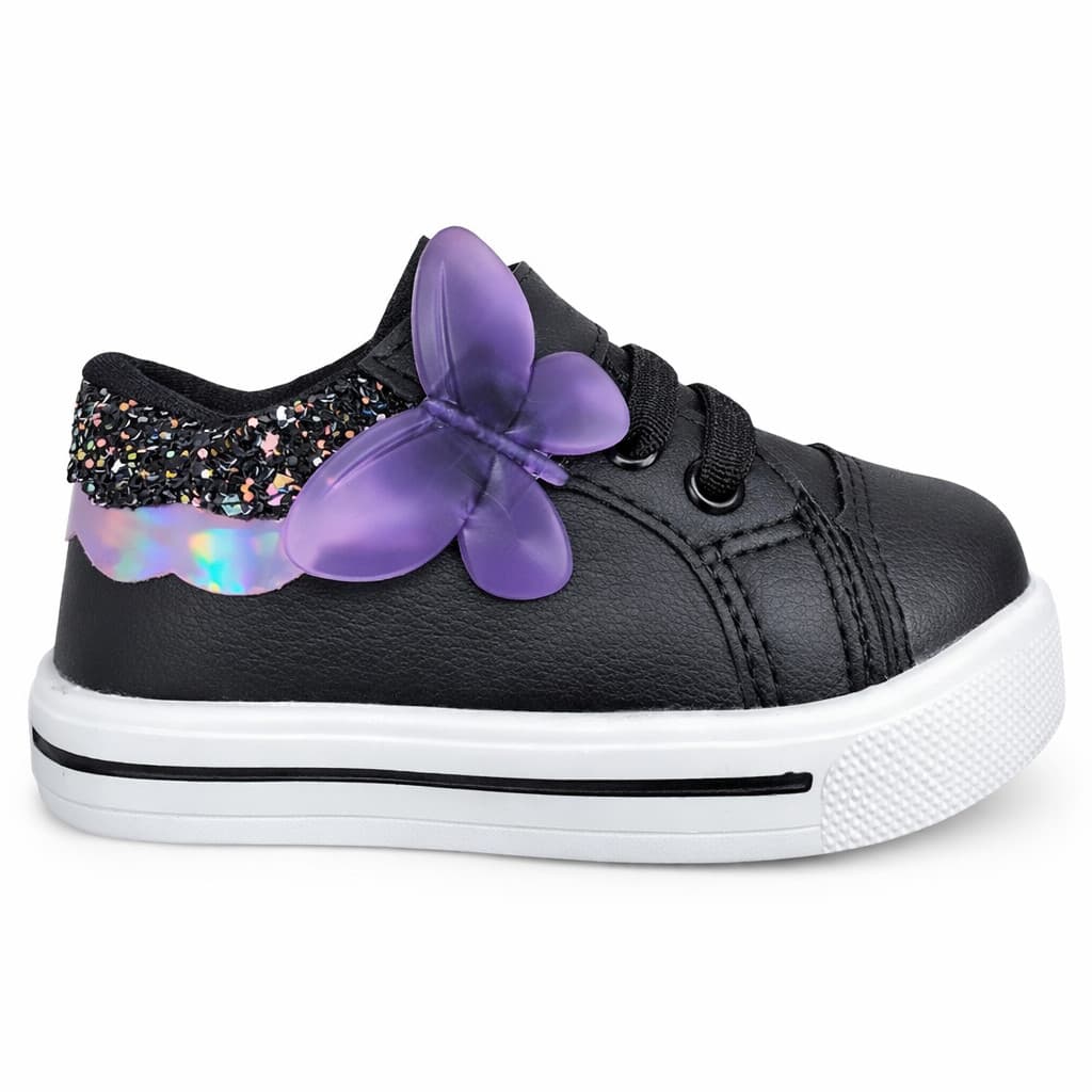 Tênis Bebê Menina Preto Borboleta Glitter Velcro Confortável