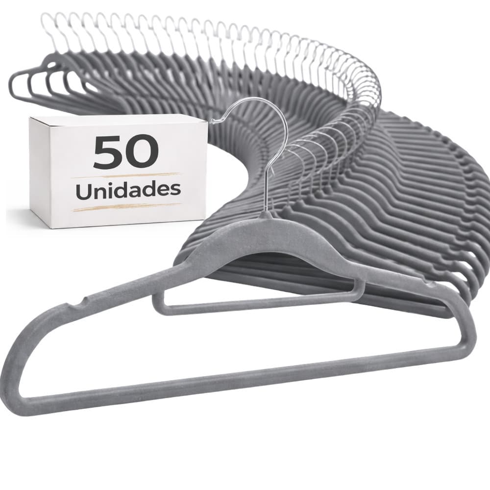 Kit 50 Cabide De Veludo 42cm Adulto Ultra Slim Antideslizante com Barra e Gancho Cromado