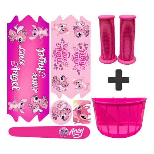 Kit Infantil Bike Cesta Rosa + Adesivo  Angel Menina P/ Bike Aro 16/20