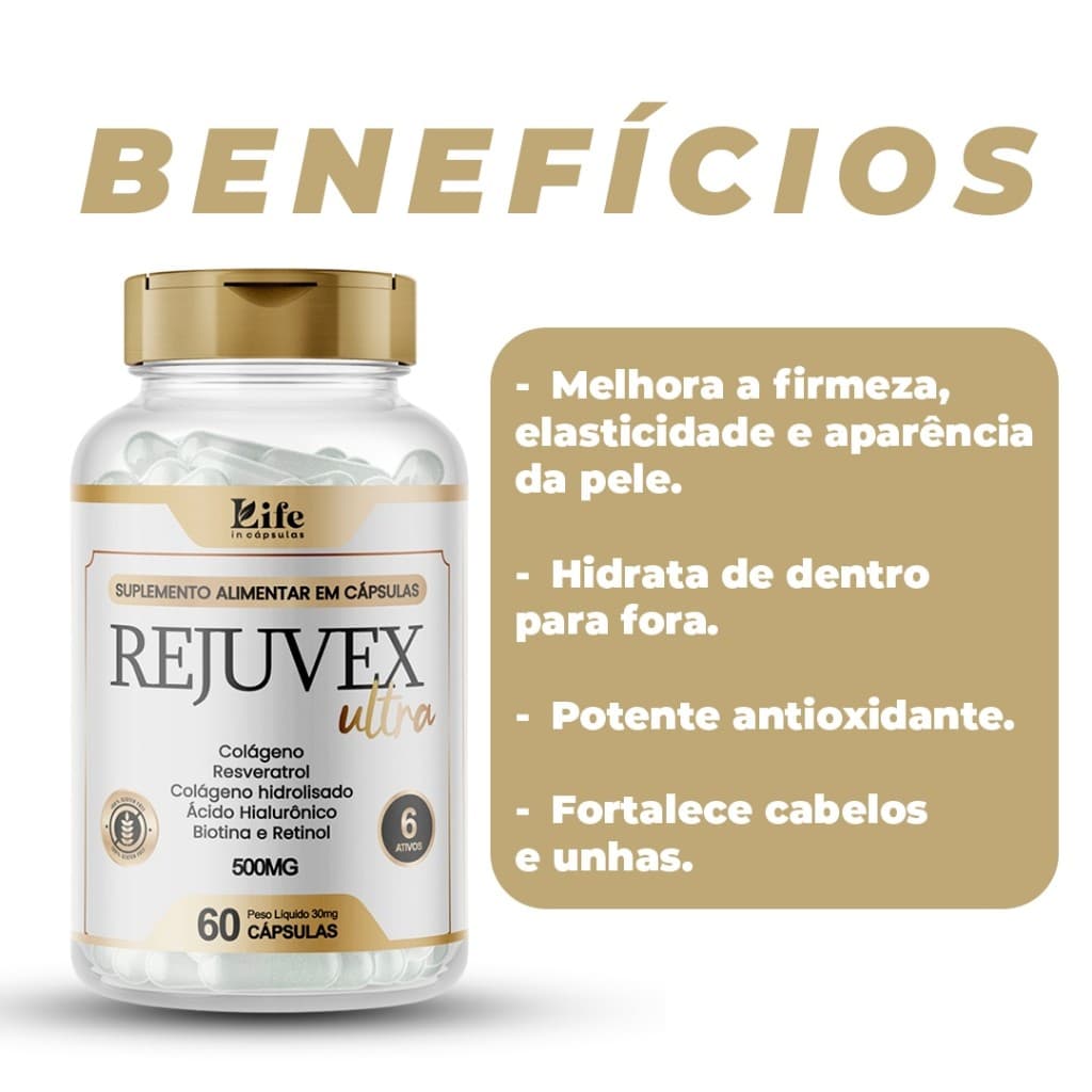 Rejuvex Ultra - 60 Capsulas por Pote - Colágeno + Ácido Hialurônico | Pele Firme e Saudável