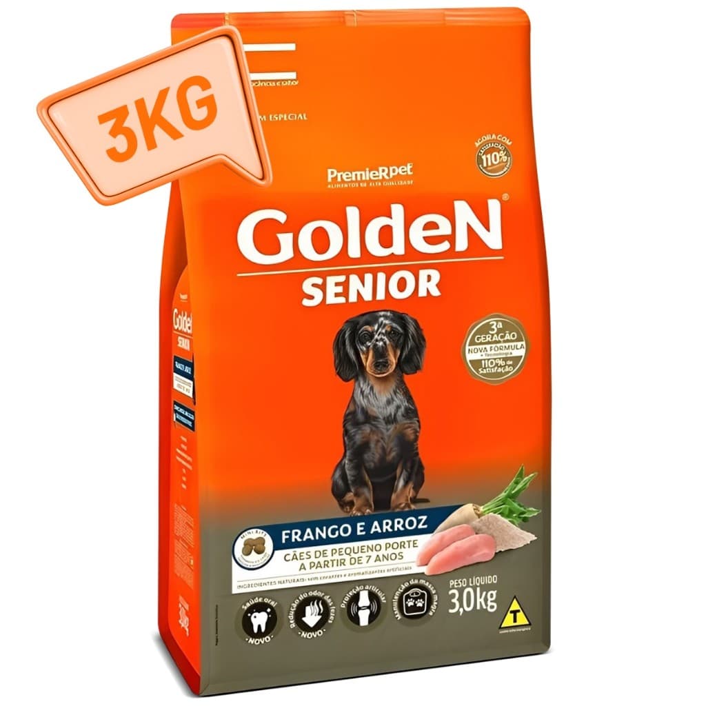 Ração Golden Mini Bits para Cães Sênior – Sabor Frango e Arroz – 3kg