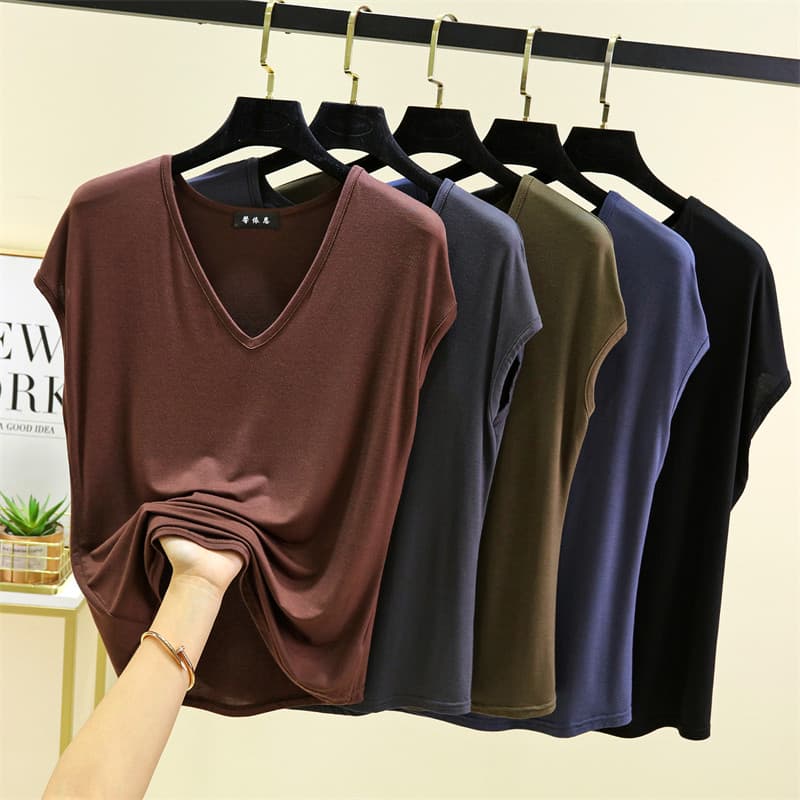 Verão novo estilo exterior Wear Modal com decote em V manga curta camiseta feminina fina sem mangas topo interno tamanho