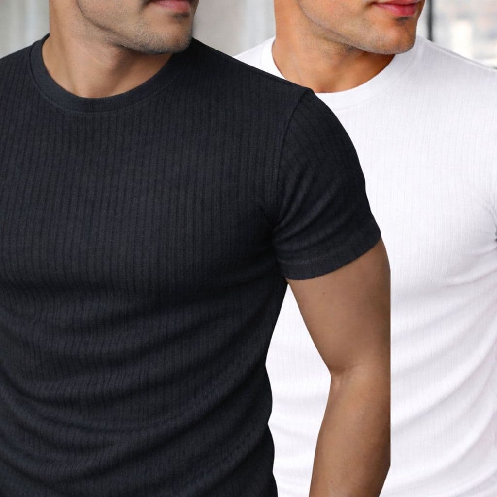 Kit 2 Camiseta Masculina Texturizada Canelada Camisa Gola Media