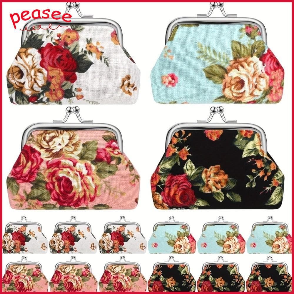 [PEASEE] Porta-Moedas , Cartões De Crédito Em Lona Com Estampa Floral Rosa , Mini Bolsa De Maquiagem Fecho De Metal Para