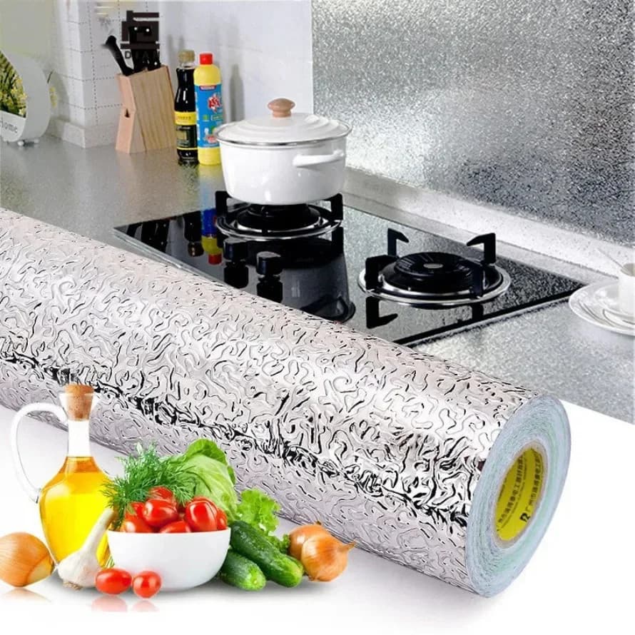 Papel de Aluminio Adesivo Impermeável Protetor Metalico Parede Fogão Móveis