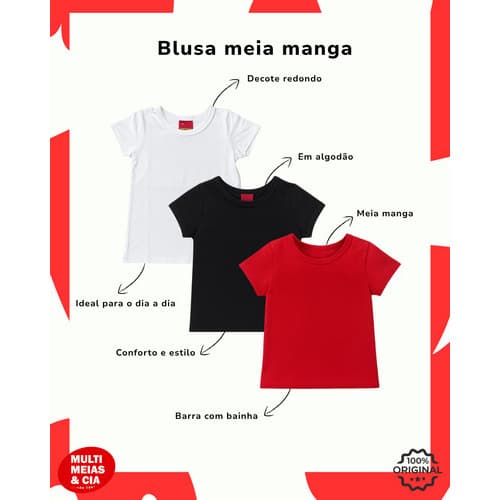 Blusa Kyly Meia Manga Infantil Lisa Em Cotton 4/8 Ref:107600