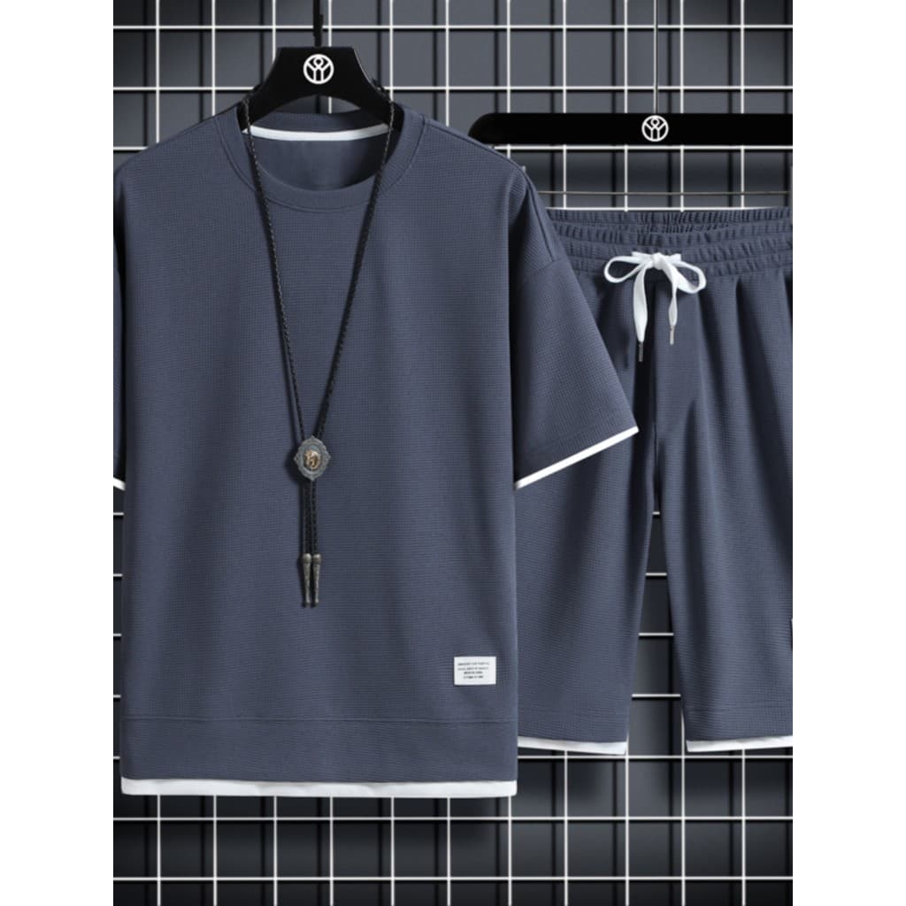 Waffle Casual terno masculino verão juventude Plus Size esportes Shorts de manga curta combinando um conjunto camiseta