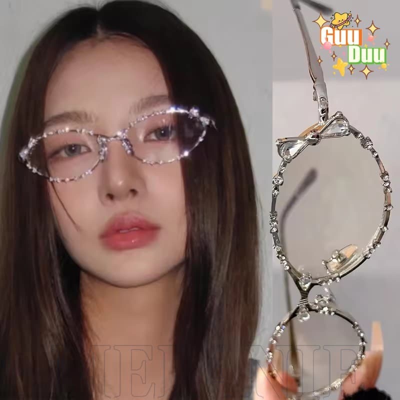 [Guudu] Óculos Ovais De 2 Unidades Com Strass-Para Mulheres , Meninas , Festa , Uso Diário-Decorativos Sem Maquiagem-Mod
