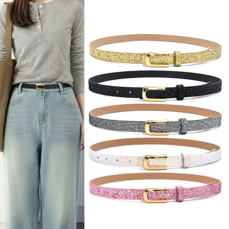 Melhor Cinto Fino De Lantejoulas De Couro PU Com Fivelas De Pino Para Vestidos De Calças Jeans
