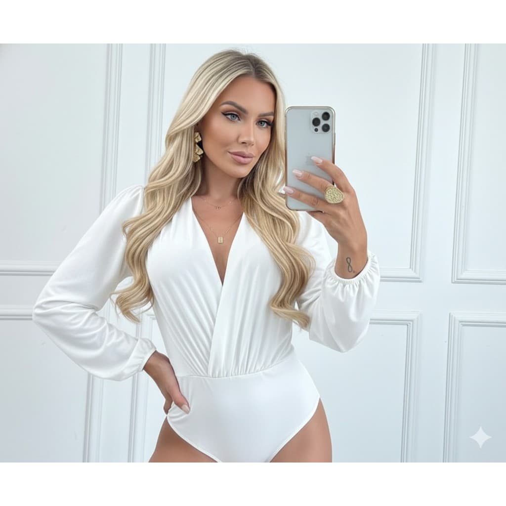 body feminino modelo transpassado decote elastano manga longa lançamento