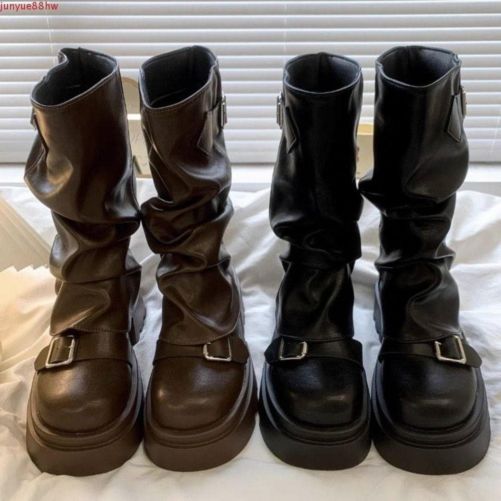 JUNYUE Botas Femininas Até O Joelho , Plataforma Com Fivela De Cinto , De Motociclista , Gladiador Y2K Punk Cano Médio
