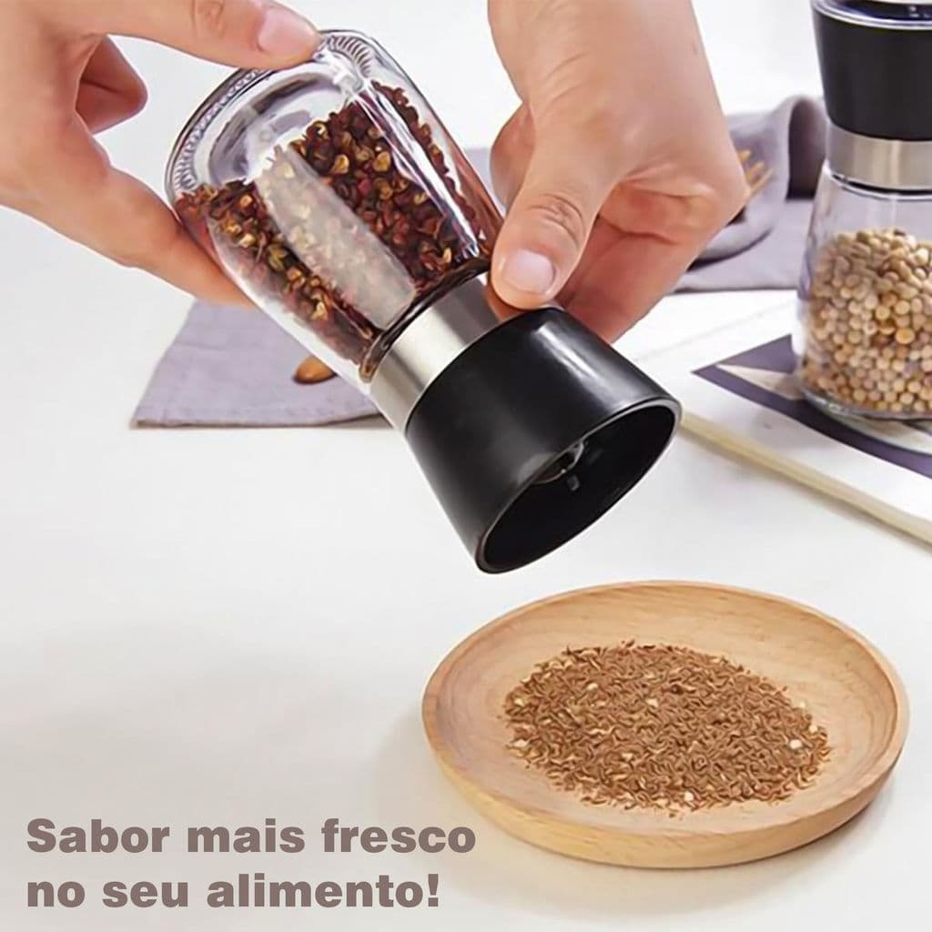 Moedor de Temperos Especiarias Pimenta Sal Manual Inox com Regulador Porta Condimentos Premium