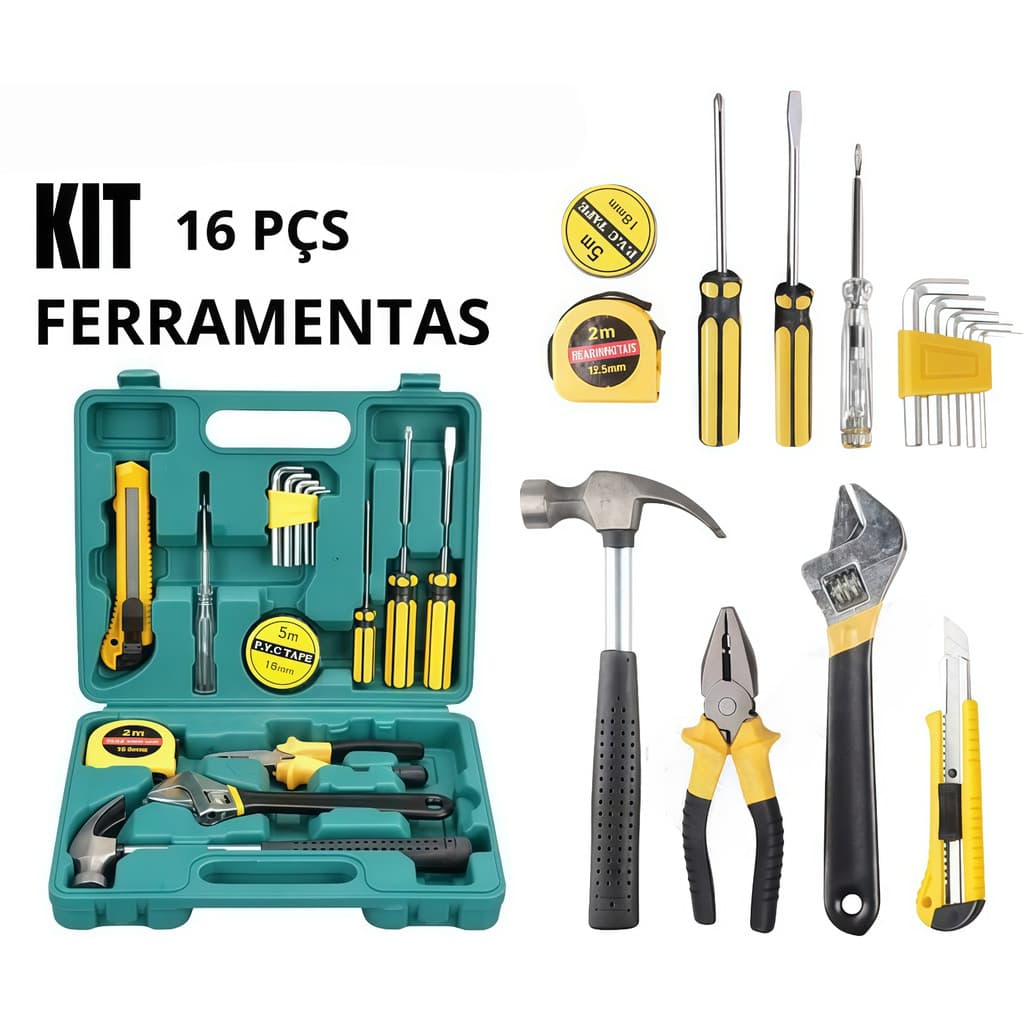 Caixa De Ferramentas Completa 16 Peças Maleta De Ferramentas Resistente Com Alicate Martelo Trena Fita Isolante E Chaves