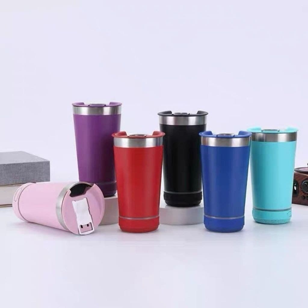 kit10Copo térmico inox com tampa abridor e caixa de som com bluetooth Led 420ML