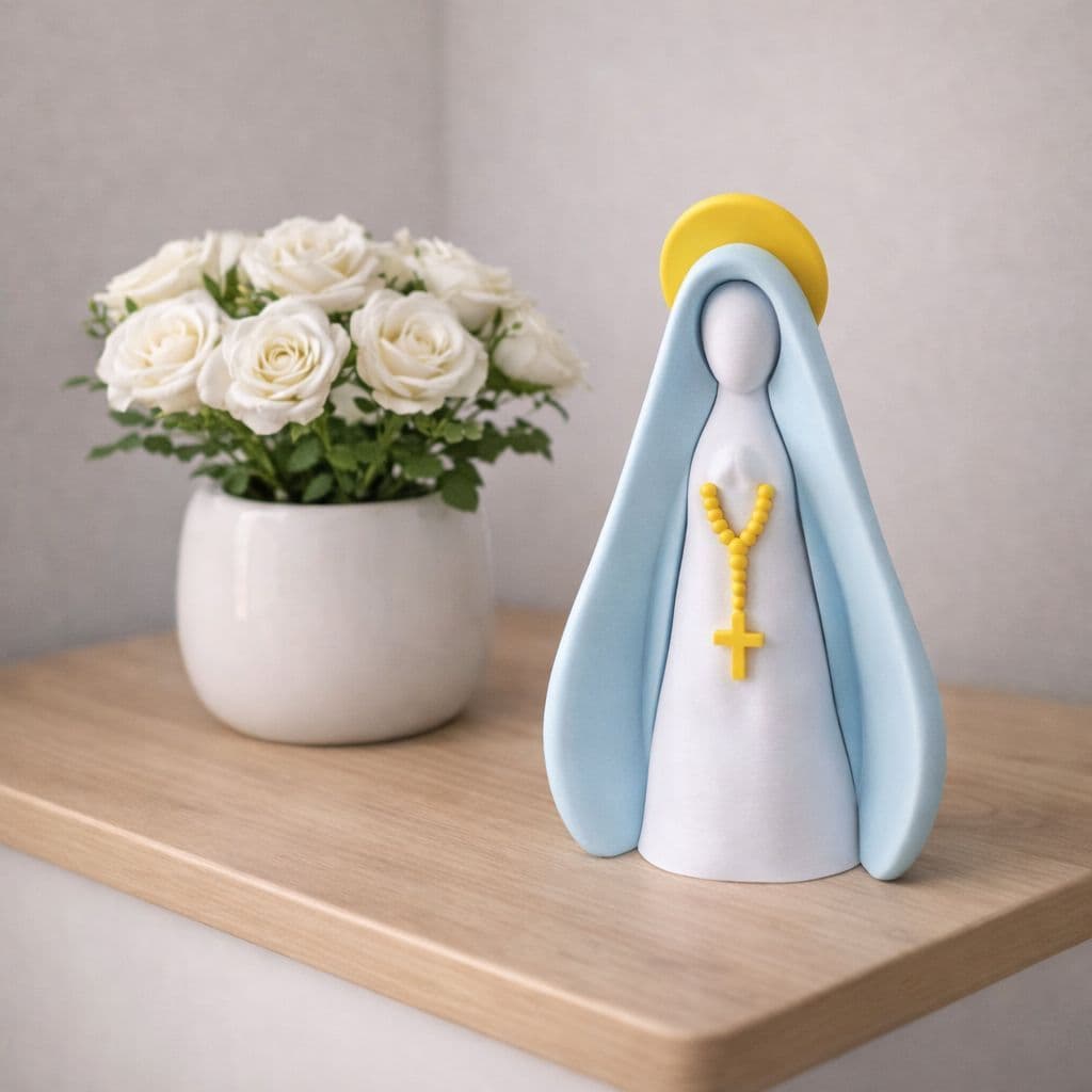 Escultura Decorativa Nossa Senhora com Manto Azul e Halo Amarelo