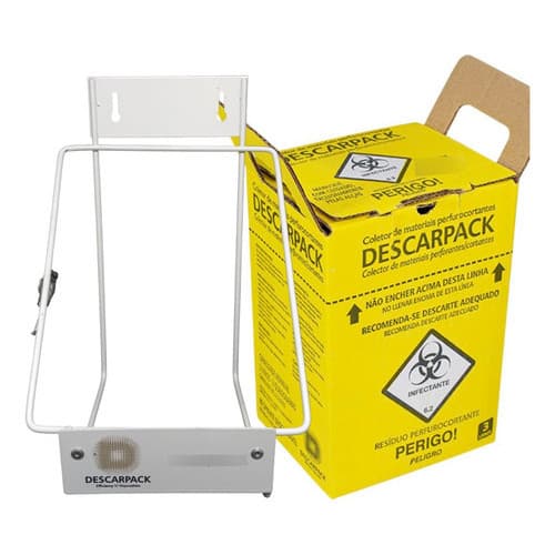 Kit Caixa Coletora Infectante + Suporte Parede 3L Descarte Seguro de Resíduos Perfurocortantes