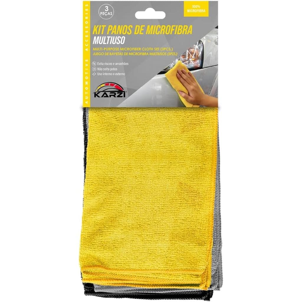 Kit 3 Peças Pano Microfibra Multiuso Limpeza Automotiva e Doméstica Alta Absorção e