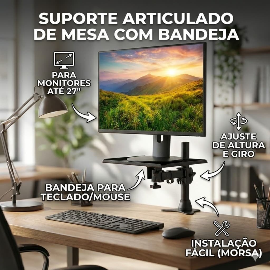 SUPORTE ARTICULADO PARA MONITOR COM GARRA E BANDEJA