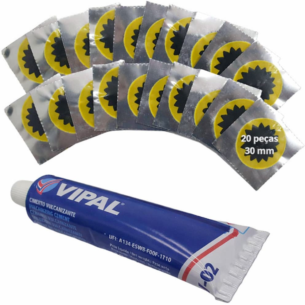 Kit 20 Remendos Moto Bicicleta Camara de Ar 1 Colas de Remendo Vipal 15g e 20 Remendos 30mm A Frio