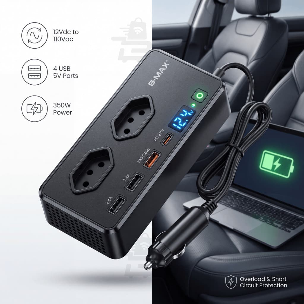 Inversor Adaptador Tomada Veicular 350W 12V p/ 110V Carregador USB Notebook Celular Portátil B-Max