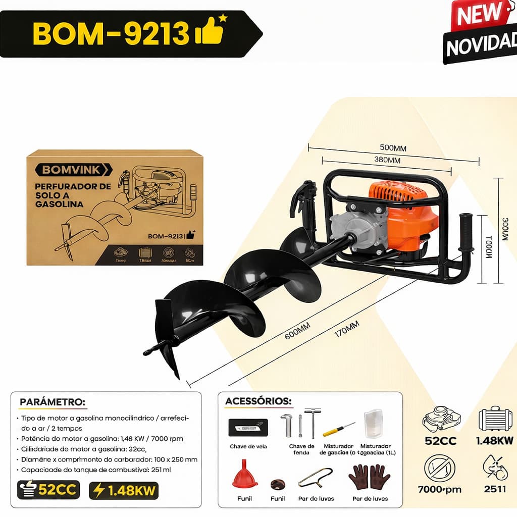 Perfurador de Solo Bomvink 9213 a Gasolina 52cc 2,5HP com 3 Brocas 100 / 150 / 200 mm