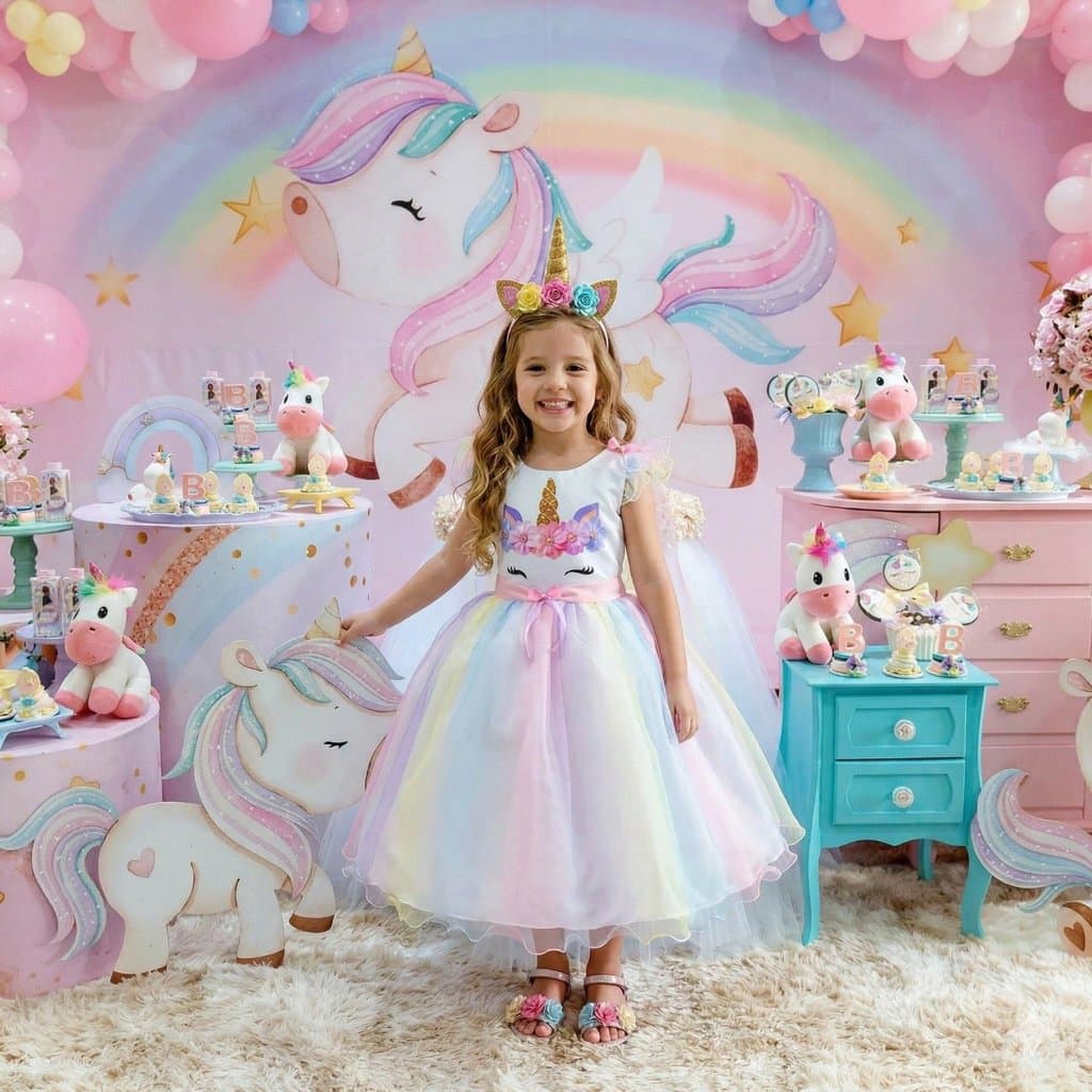Vestido infantil Temático Unicornio - Colorido - Arco iris Miss mini