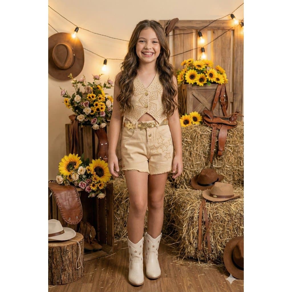 Conjunto infanto juvenil Blogueirinha Boiadeira Estrelada Dourado