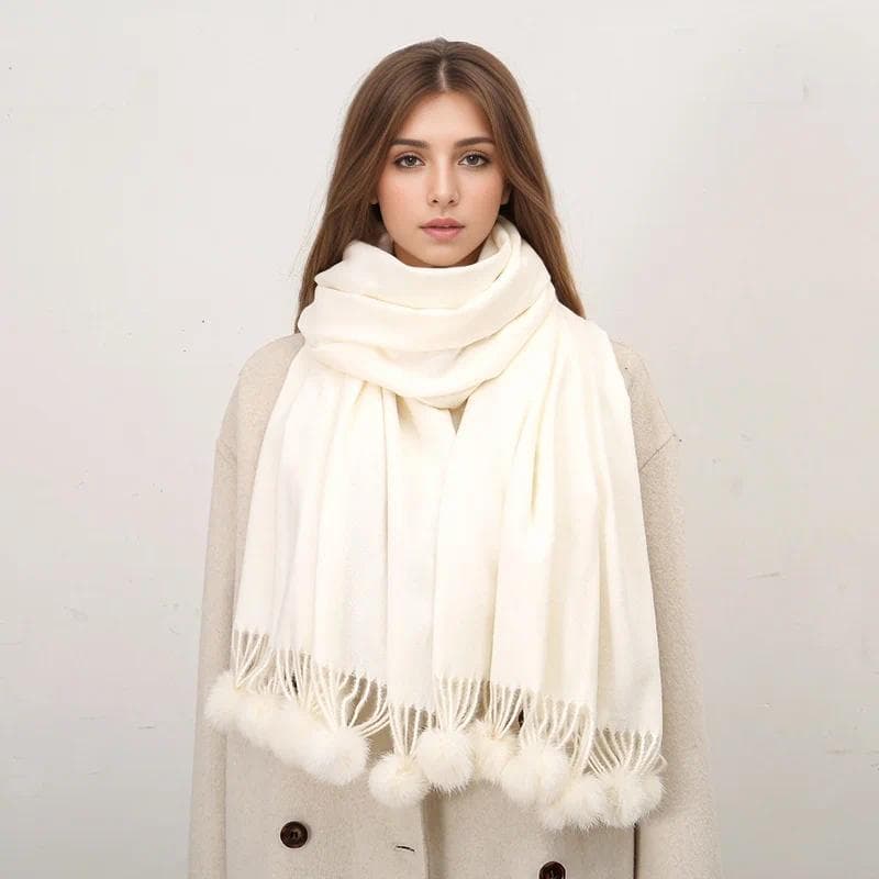 Mulheres Cachecol Quente Com Bola De Pele De Coelho Pashmina Cachecóis Grossos Xales Inverno Cashmere Pompom Senhoras Ov