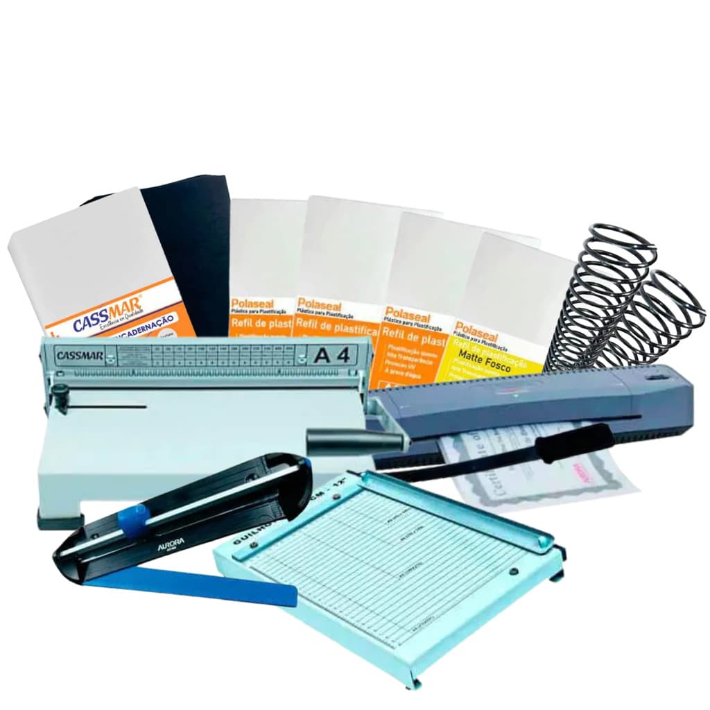 Kit Encadernação + Plastificadora 110v, Guilhotina e insumos
