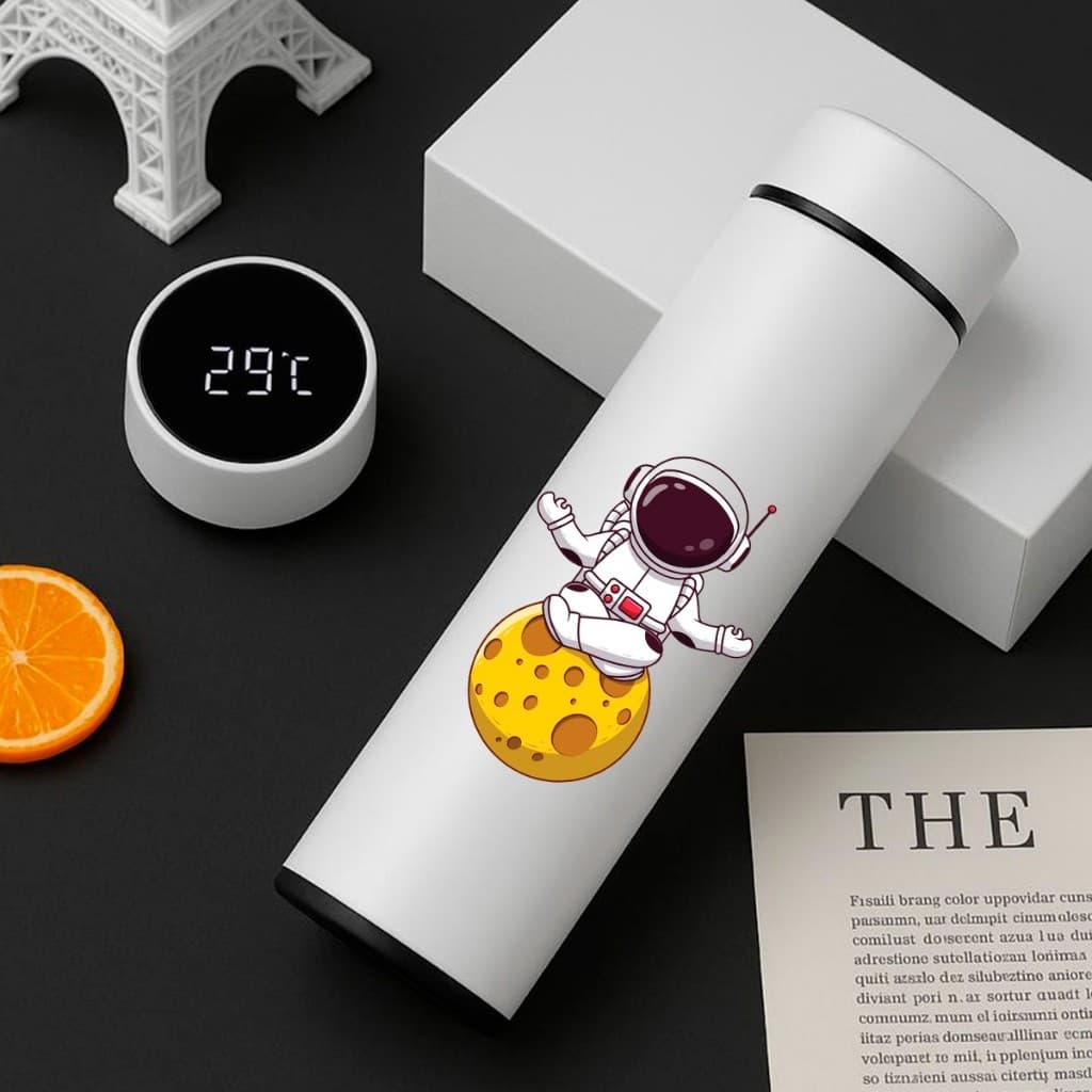 Garrafa Térmica Inox Astronauta na Lua 500Ml Com Termometro Led Digital Desenho infantil
