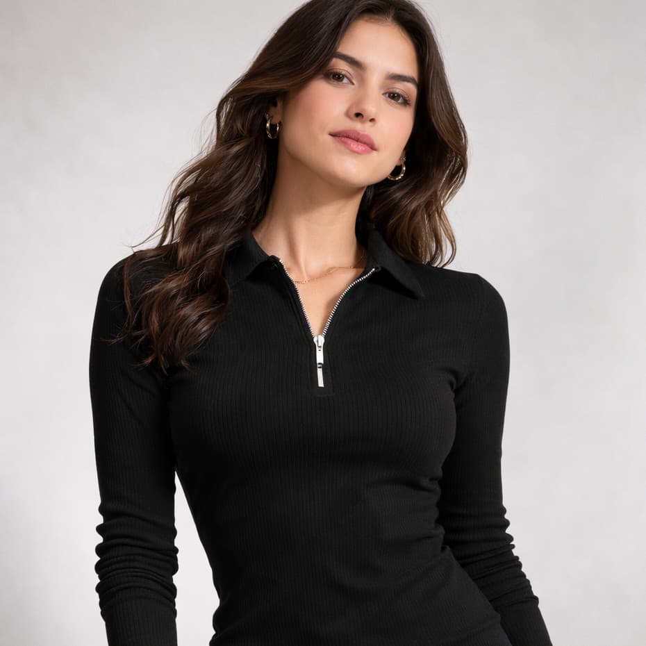 Polo Canelada Manga Longa Feminina Com Ziper Camiseta Malha ribana Camisa Premium Ribana Slim fit